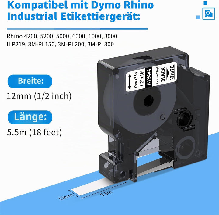 3x 18444 Etikettenband kompatibel mit Dymo Rhino Industrie Vinyletiketten, 12mm x 5,5m, Schwarz auf