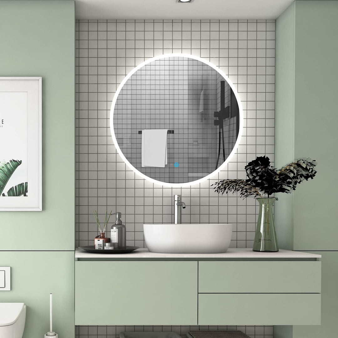 Aica Sanitär LED Badspiegel rund 90 cm Touch Beschlagfrei Wandspiegel mit Beleuchtung Lichtspiegel B