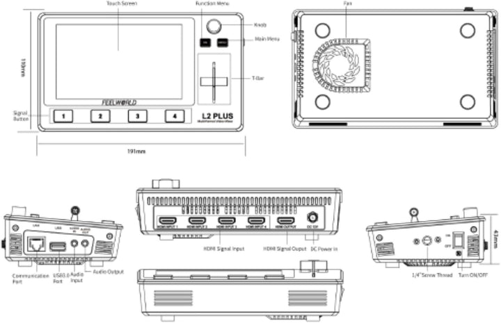 FEELWORLD L2 Plus Multi-Kamera-Video-Mixer-Umschalter 5,5" LCD-Touchscreen 4 x HDMI-Eingänge PTZ-Ste