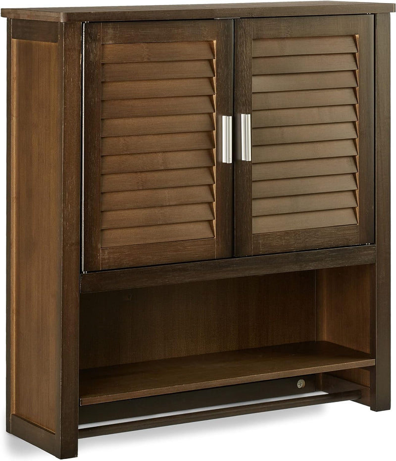 Relaxdays Hängeschrank dunkelbraun LAMELL, Badschrank mit Handtuchhalter, Wandschrank aus Bambus, HB