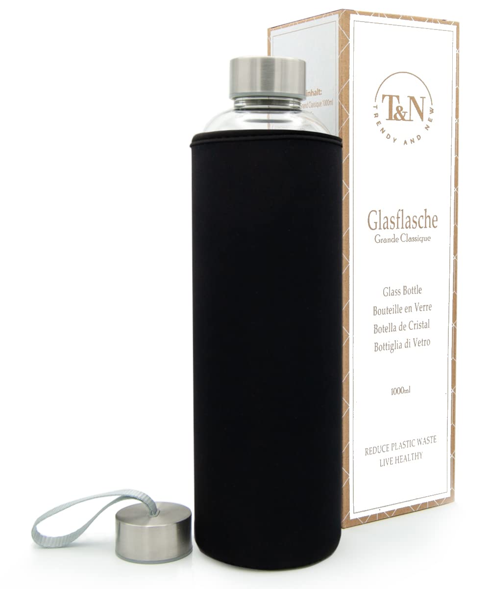 T&N Glasflasche 1 Liter / 750ml / 500ml – Trinkflasche Glas 1l mit Neoprenhülle – Wasserflasche Ausl
