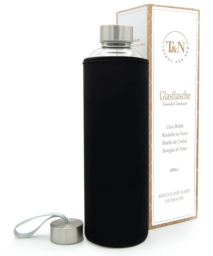 T&N Glasflasche 1 Liter / 750ml / 500ml – Trinkflasche Glas 1l mit Neoprenhülle – Wasserflasche Ausl