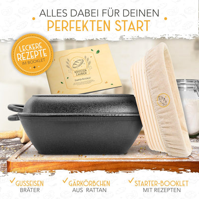 KRUSTENZAUBER 28cm Gusseisen Bräter mit Deckel backofengeeignet inkl. Gärkorb - eckiger Topf Brot Ba