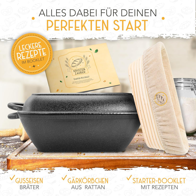 KRUSTENZAUBER 28cm Gusseisen Bräter mit Deckel backofengeeignet inkl. Gärkorb - eckiger Topf Brot Ba