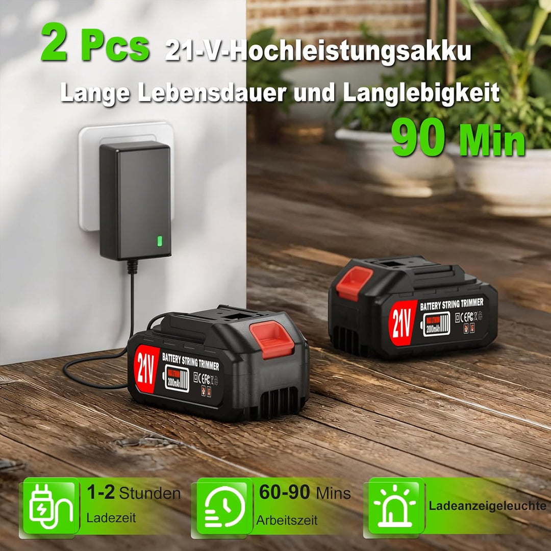 Akku-Rasentrimmer 21V Elektrischer Rasentrimmer - Motorsense akku Mit 2x2000mAh Batterie und 4 Messe