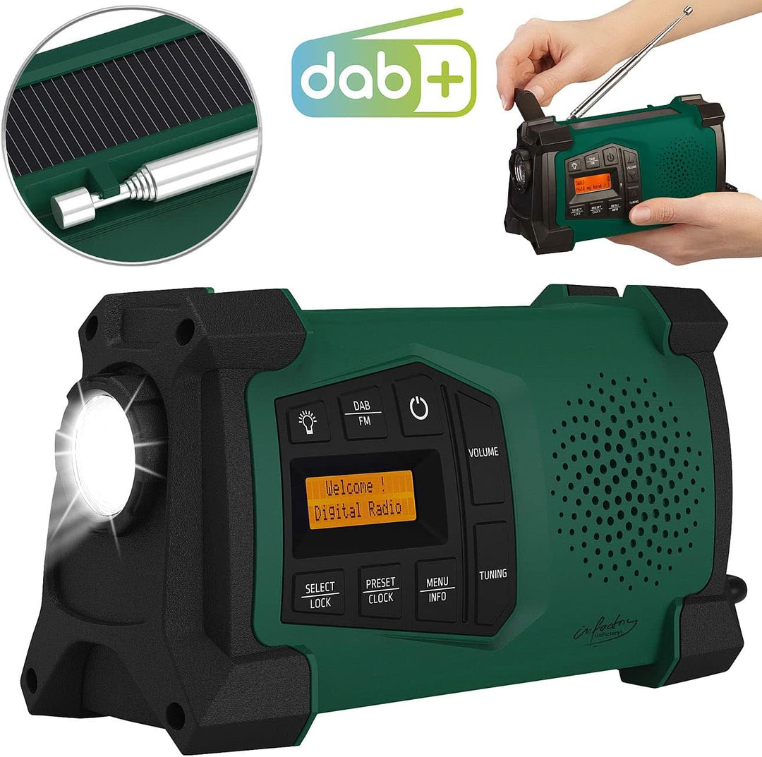 infactory Baustellenradio: Mobiles Kurbelradio mit DAB+, EWF-Funktion, Solarpanel, LED, USB (Dynamo