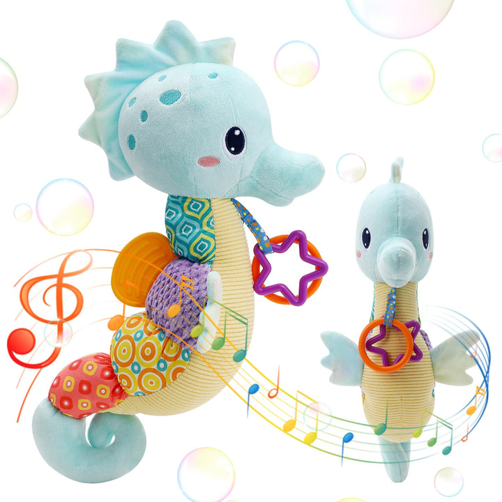 Multifunktionales Kleinkindspielzeug Buntes Baby Spielzeug mit Musik, Plüsch Seepferdchen zum Beisse