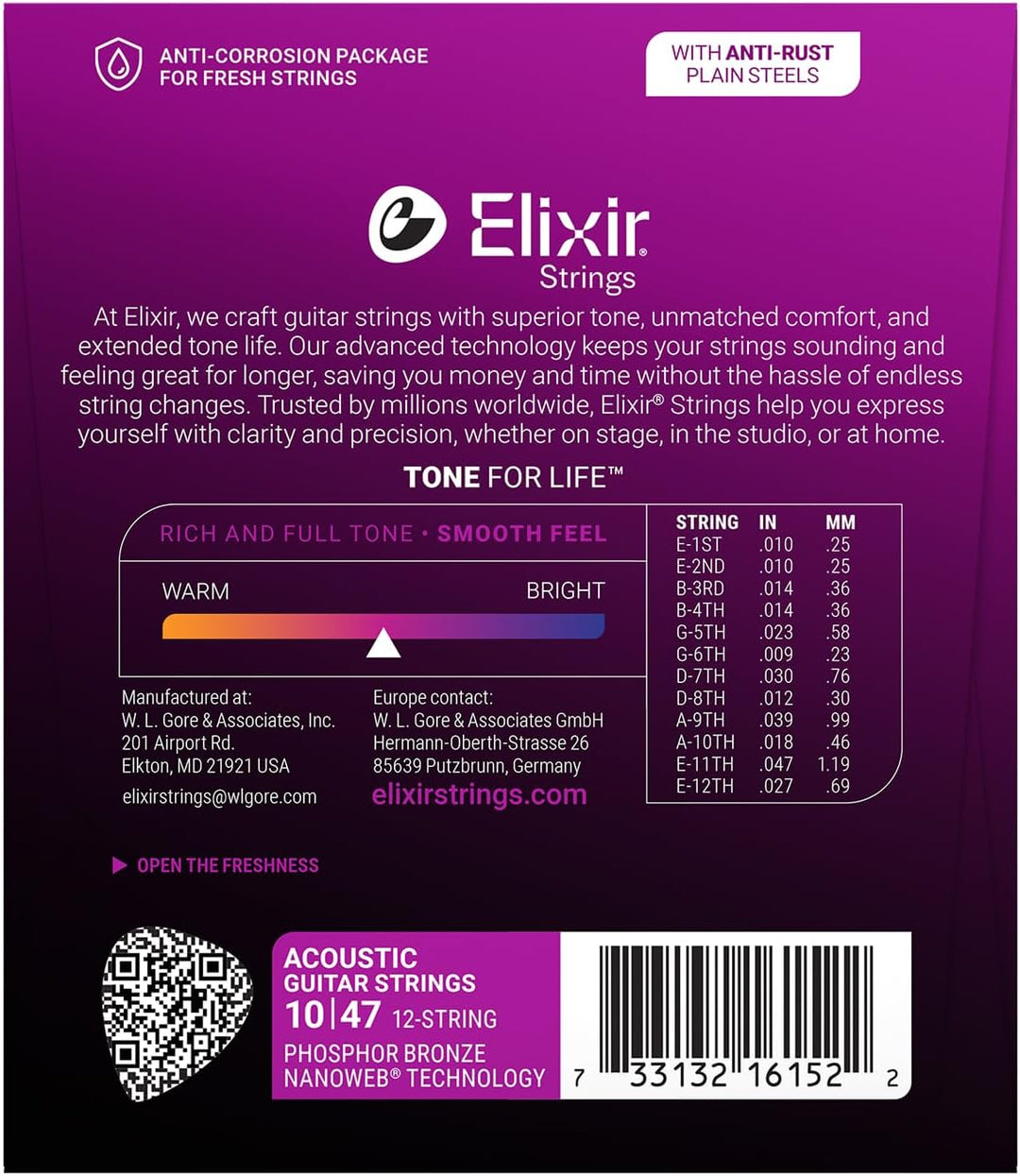 Elixir® 16152 Saiten Phosphor Bronze 12-saiter Akustik-Gitarrensaiten mit NANOWEB® Beschichtung, Lig