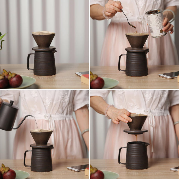 Handgefertigtes Kaffeebereiter-Set aus Steingut, Keramik-Kaffee-Brauer, Hand-Tropfer und Kaffeekanne