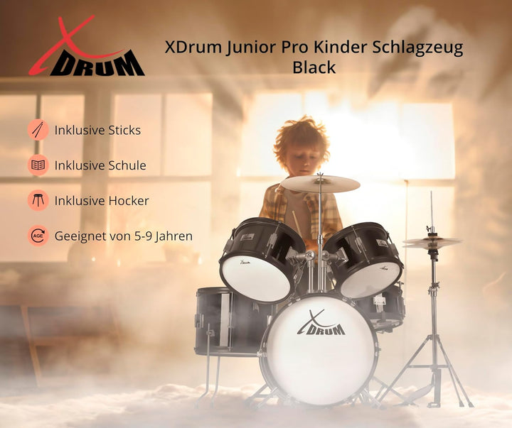 XDrum Junior Pro Kinder Schlagzeug Black - geeignet von 5-9 Jahren - Drumset mit komplettem Zubehör