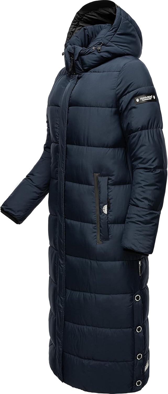 Navahoo Damen Wintermantel Warmer Steppmantel lang mit Abnehmbarer Kapuze Isalie XS-XXL L Navy, L Na