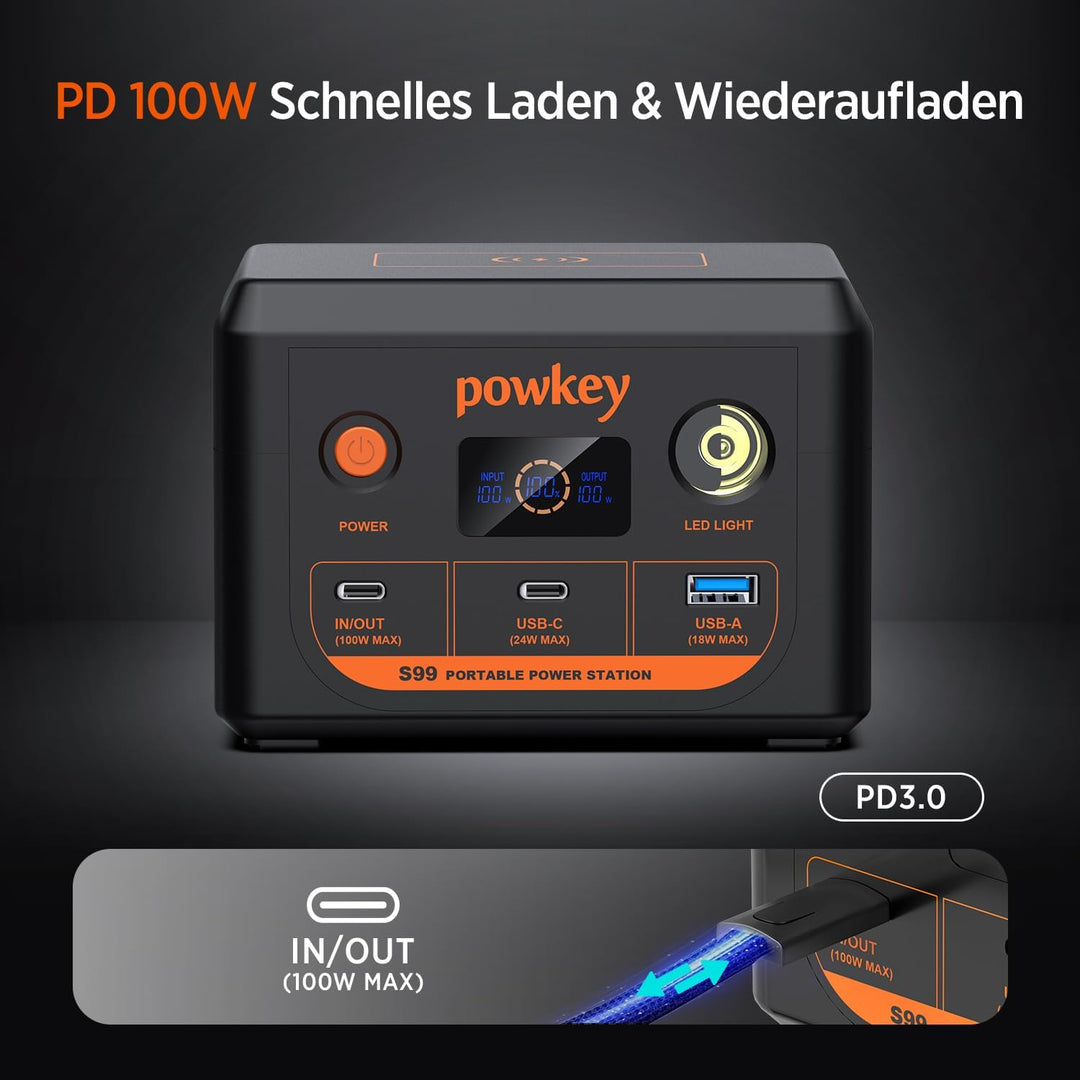POWKEY Tragbare Powerstation, 30000mAh Laptop Powerbank 96Wh LiFePO4 Akku, Solar Power Station mit 1
