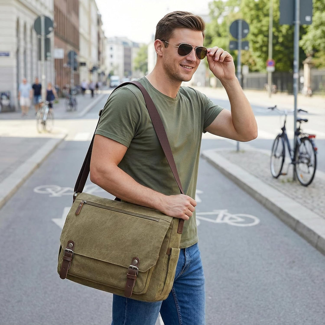 Herren Umhängetasche Gross Messenger Bag 14 zoll Laptoptasche für Herren mit Griff Vintage Schultert