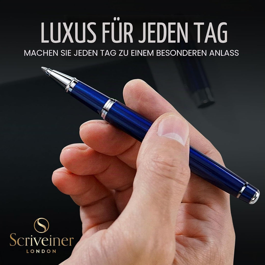 Scriveiner Kugelschreiber Midnight Blue - Hochwertiger Tintenroller mit Chromveredelung, schwarze Sc