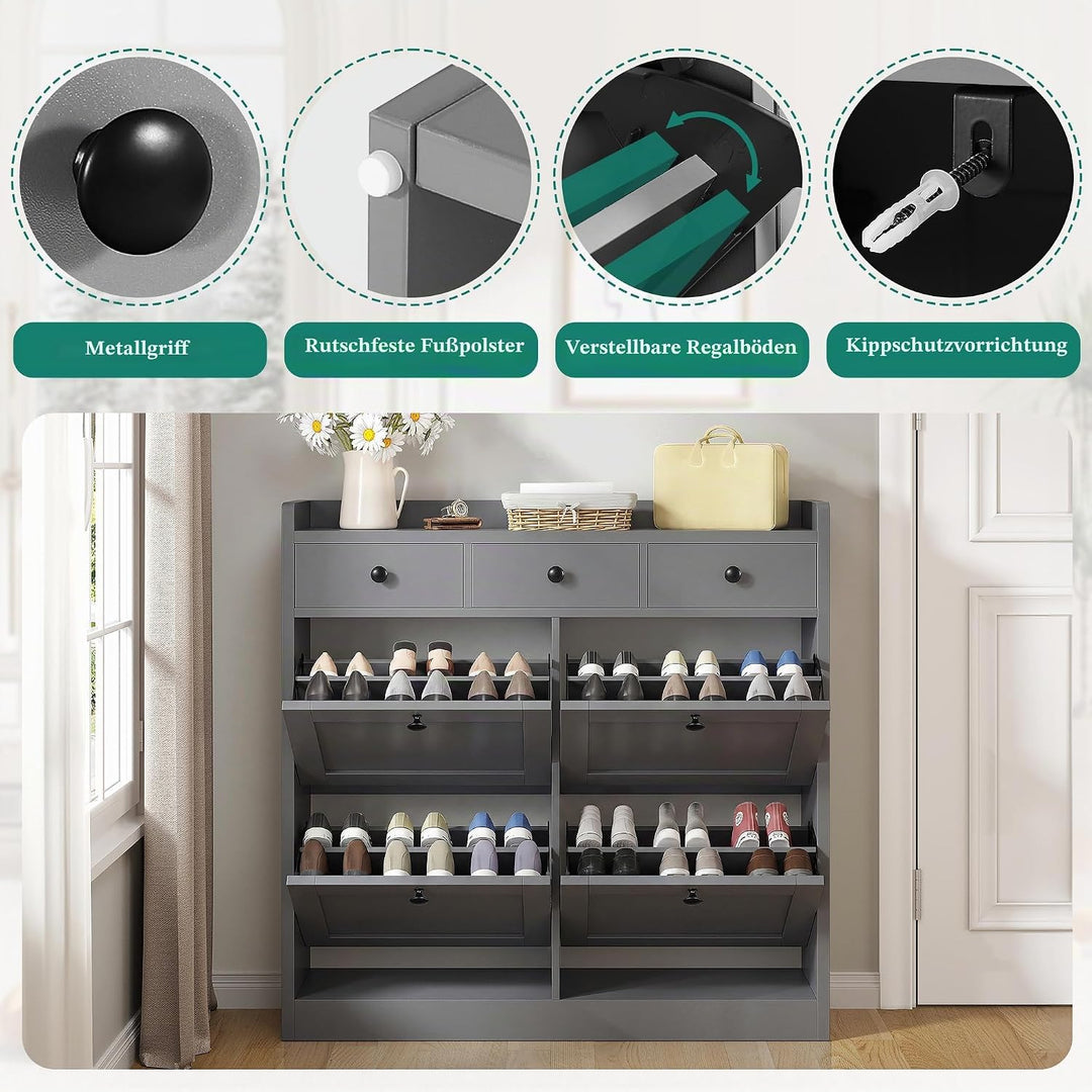 YITAHOME Schuhschrank mit 4 Klappen, Schuhregal Schuhkipper Schmal, Schuhregal mit 8 Ablageflächen V