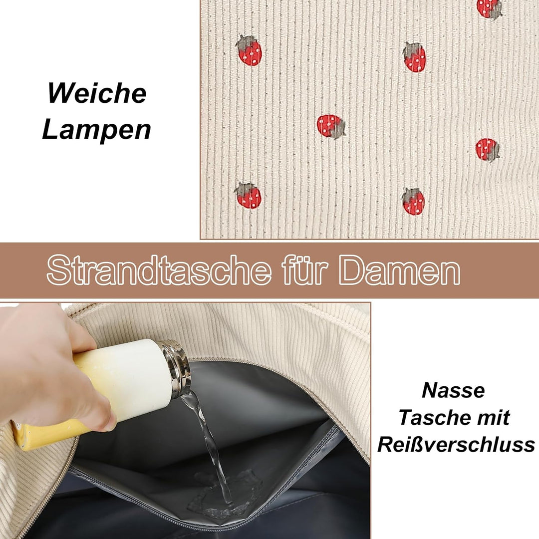 LEDAOU Strandtasche Damen, Grosse Cord Tote Bag mit wasserdichtem Nassfach Beige Erdbeeren, Beige Er