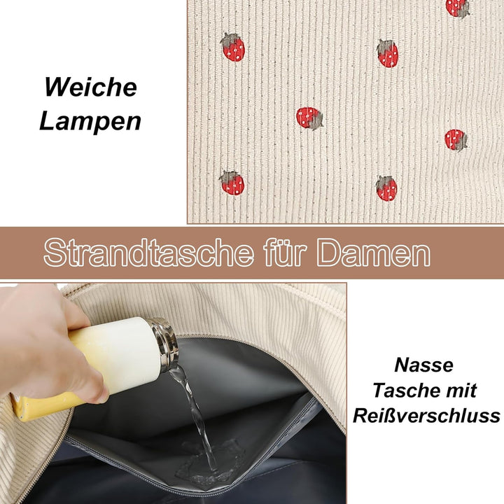 LEDAOU Strandtasche Damen, Grosse Cord Tote Bag mit wasserdichtem Nassfach Beige Erdbeeren, Beige Er