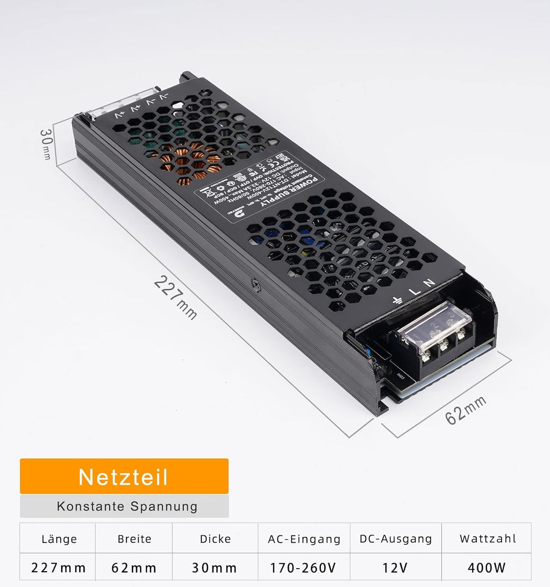 DUSKTEC LED Netzteil 400W 12V LED Trafo 33.3A, IP20 LED Transformator AC 220/230V auf DC 12 Volt Tre