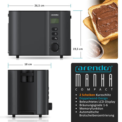 Arendo - Toaster 2 Scheiben Edelstahl mit Restzeitanzeige - 800 Watt - Doppelwandgehäuse - Integrier