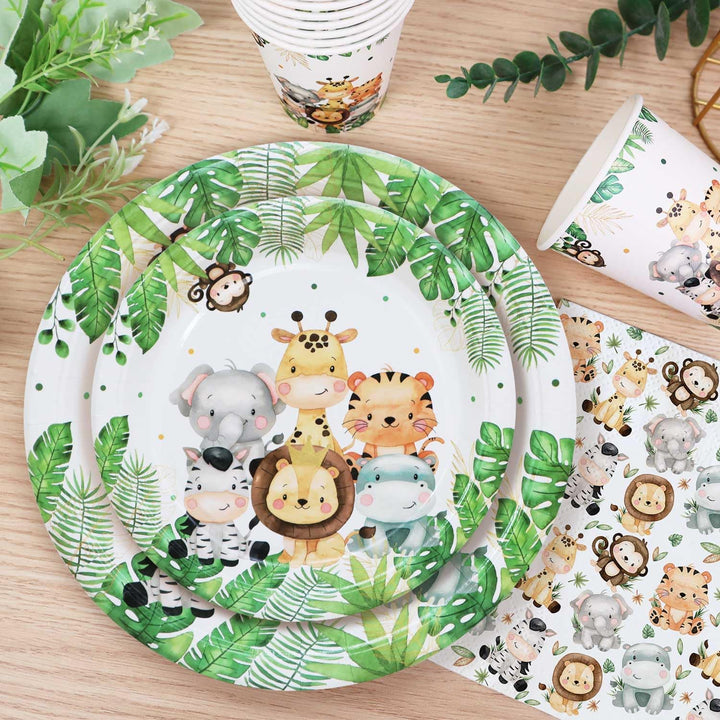100pcs Dschungel Safari Partygeschirr Set für 25 Gäste, wiederverwendbare Pappteller Tassen Serviett