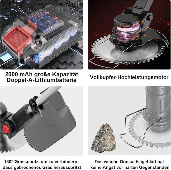 SMILOVII Rasentrimmer Mit Akku, Motorsense akku Mit 2x2000mAh Batterie, 6X Metallklinge & 10x Kunsts