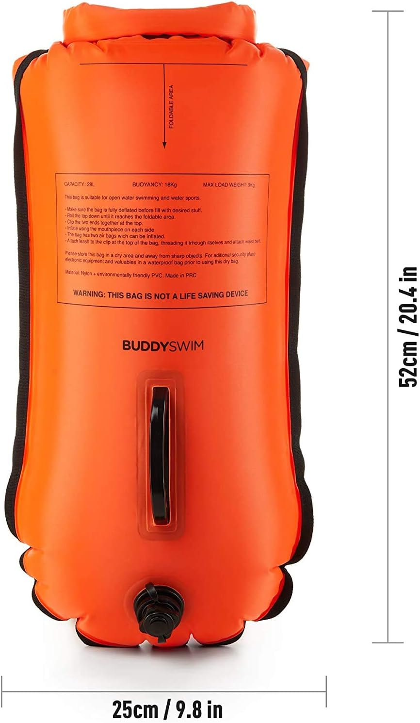 Schwimmboje 28 Liter. Schwimmboje Erwachsene freiwasser. Inklusive wasserdichter Tasche für das Hand