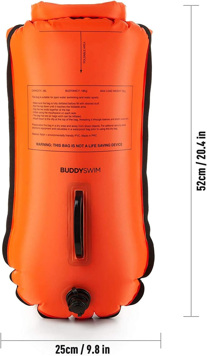 Schwimmboje 28 Liter. Schwimmboje Erwachsene freiwasser. Inklusive wasserdichter Tasche für das Hand