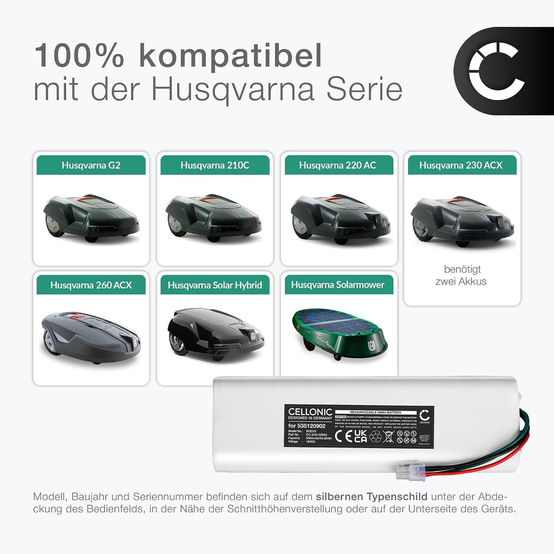 CELLONIC® 18V 3Ah Ersatz Akku kompatible mit Husqvarna Automower 210C, 220AC, 230 ACX, 260 ACX, G2,