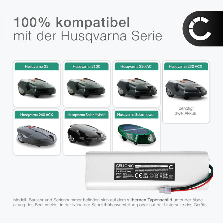CELLONIC® 18V 3Ah Ersatz Akku kompatible mit Husqvarna Automower 210C, 220AC, 230 ACX, 260 ACX, G2,