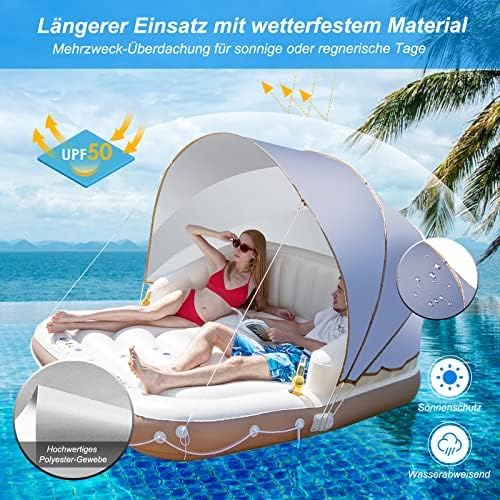 FANTASK Luxus-Inselbett XXL, Aufblasbare Schwimminsel mit einziehbarer & Abnehmbarer Überdachung, Ba