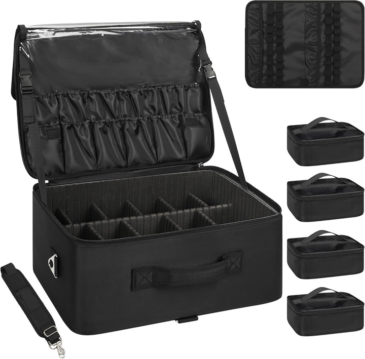 Relavel XXL Make-up-Koffer, Professioneller Kosmetik-Organizer mit Pinselhalter, 4 durchsichtigen Ta