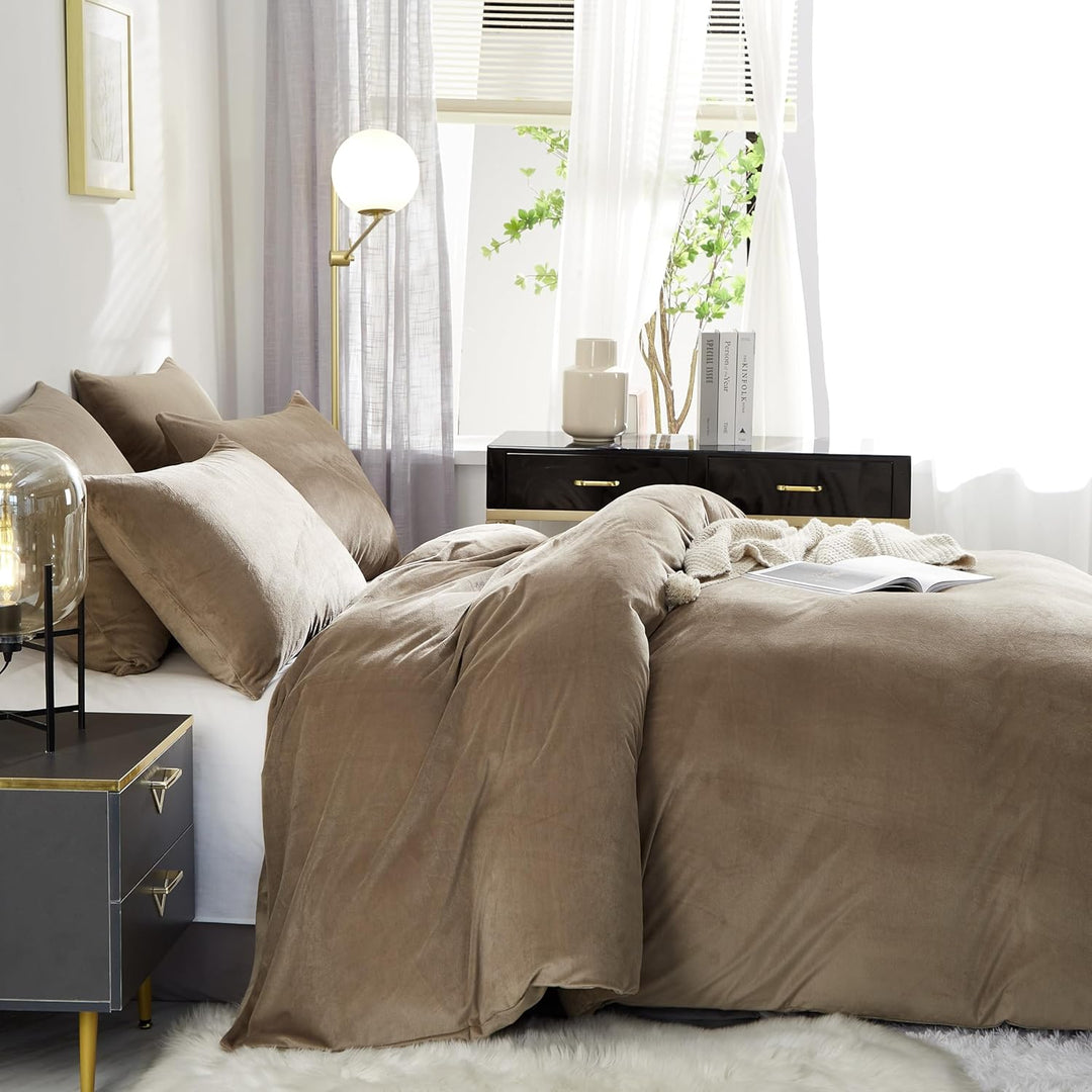Freyamy Plüsch Bettwäsche 200x200cm 3Teilig Braun Flanell Flauschige Winterbettwäsche Samt Biber Cas