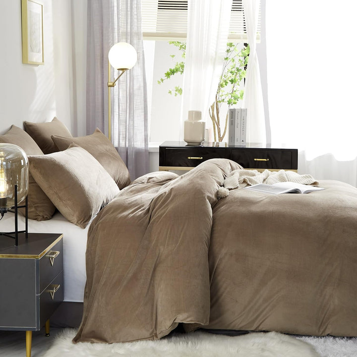 Freyamy Plüsch Bettwäsche 200x200cm 3Teilig Braun Flanell Flauschige Winterbettwäsche Samt Biber Cas