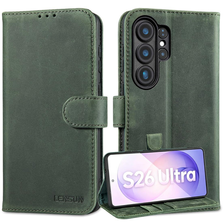 LENSUN Echtleder Hülle für Samsung Galaxy S26 Ultra, Handyhülle Klapphülle [RFID Schutz][Magnetversc