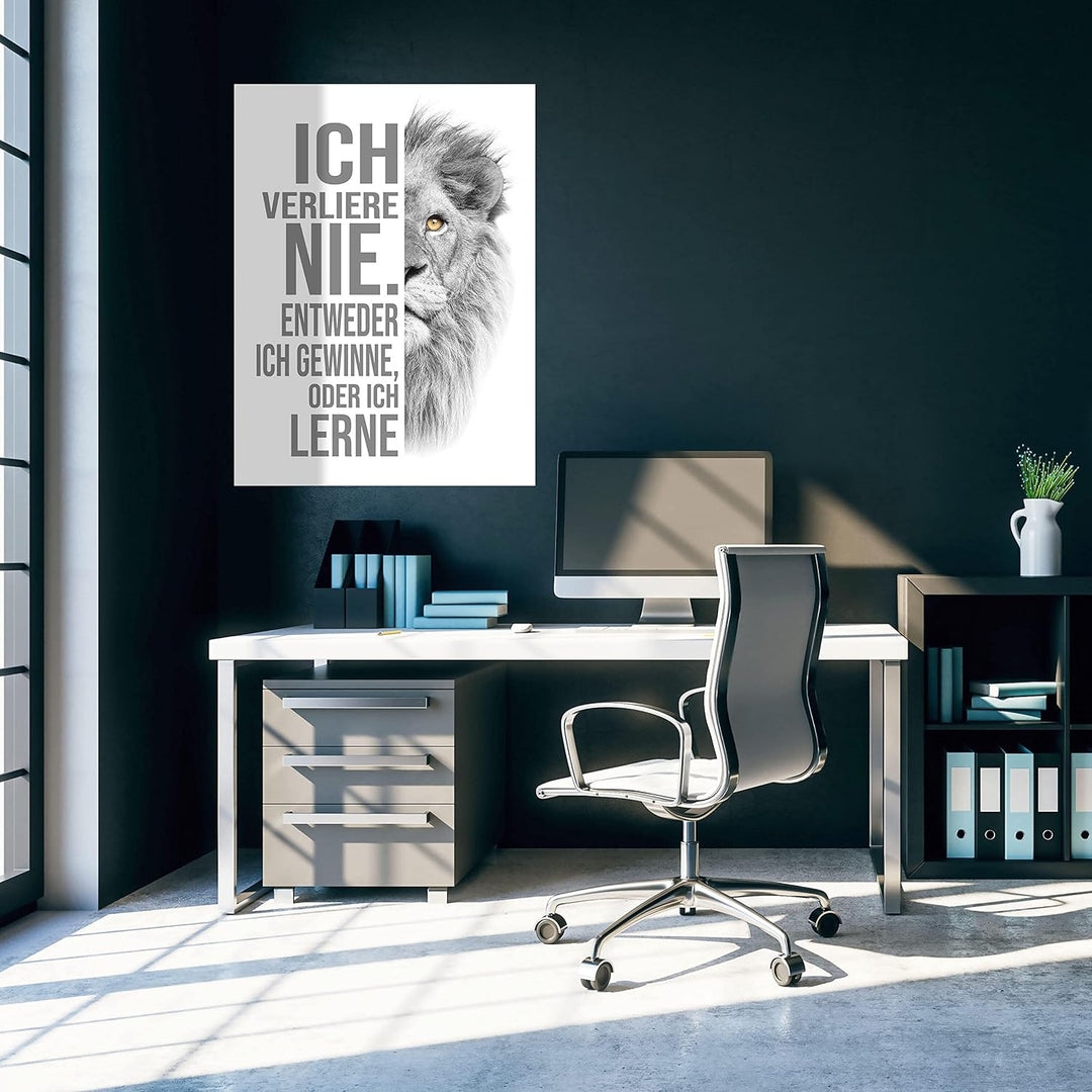 wandmotiv24 Poster als Wanddeko, Grösse 80x60cm, ich verliere nie, Weiss, Löwe, Moderne Wanddeko, Wa