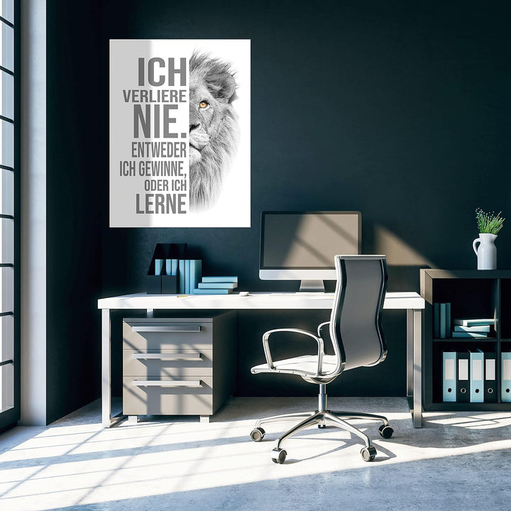 wandmotiv24 Poster als Wanddeko, Grösse 80x60cm, ich verliere nie, Weiss, Löwe, Moderne Wanddeko, Wa