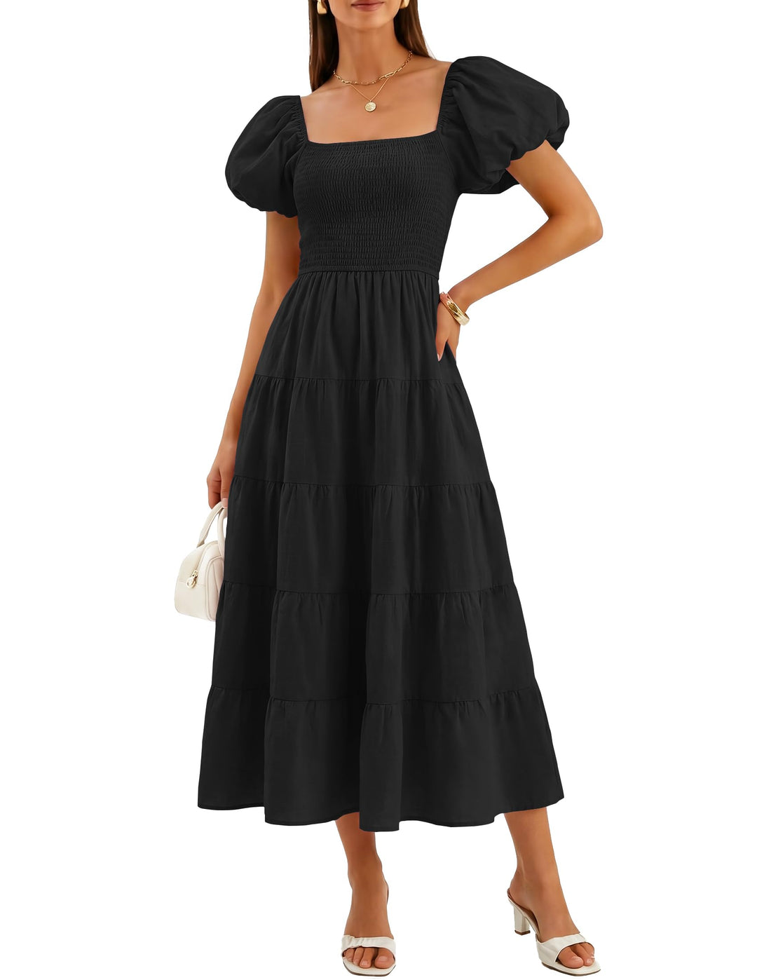 ZESICA Damen-Sommerkleid, eckiger Ausschnitt, Kurze Puffärmel, einfarbig, hohe Taille, lässig, flies
