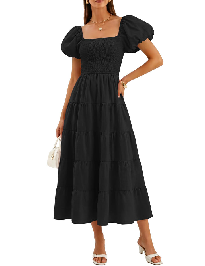 ZESICA Damen-Sommerkleid, eckiger Ausschnitt, Kurze Puffärmel, einfarbig, hohe Taille, lässig, flies