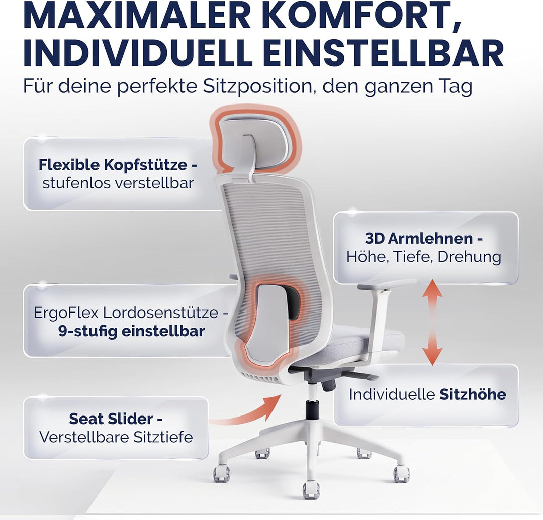 SCHEKKA® Ergonomischer Bürostuhl [verstellbare Lordosenstütze] 3D-Armlehnen | Atmungsaktives Mesh |