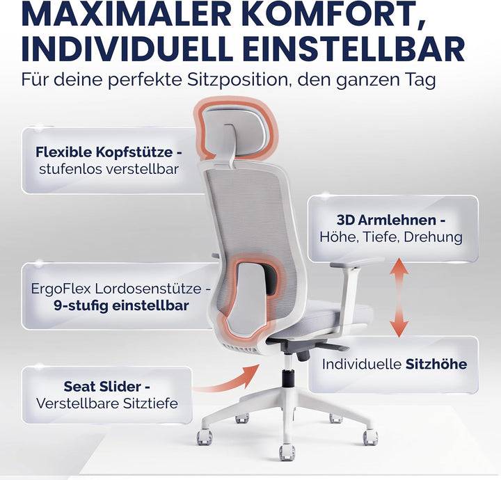 SCHEKKA® Ergonomischer Bürostuhl [verstellbare Lordosenstütze] 3D-Armlehnen | Atmungsaktives Mesh |