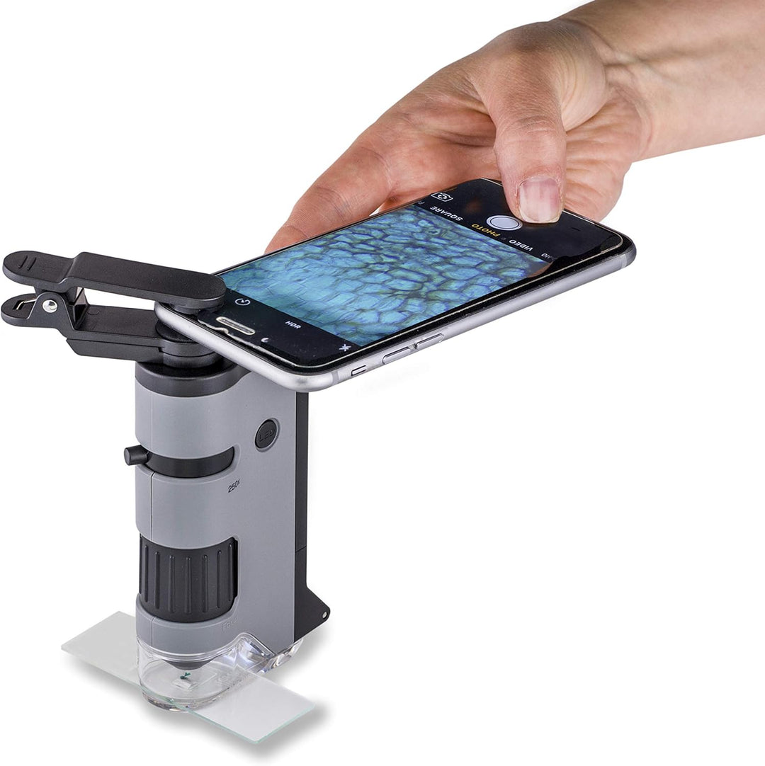 Carson MicroFlip 100x-250x Taschenmikroskop mit Smartphone-Adapter für Fotos und Videos - 4er Set (M