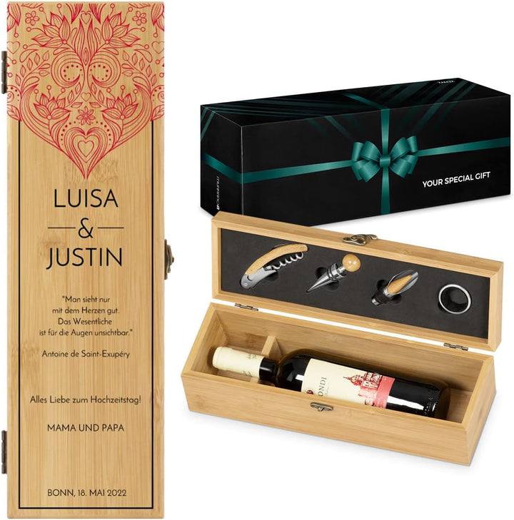 Maverton Weinbox für 0,7L Weinflasche - Wein Holzbox personalisiert + 4er Weinzubehör - Weinset Wein