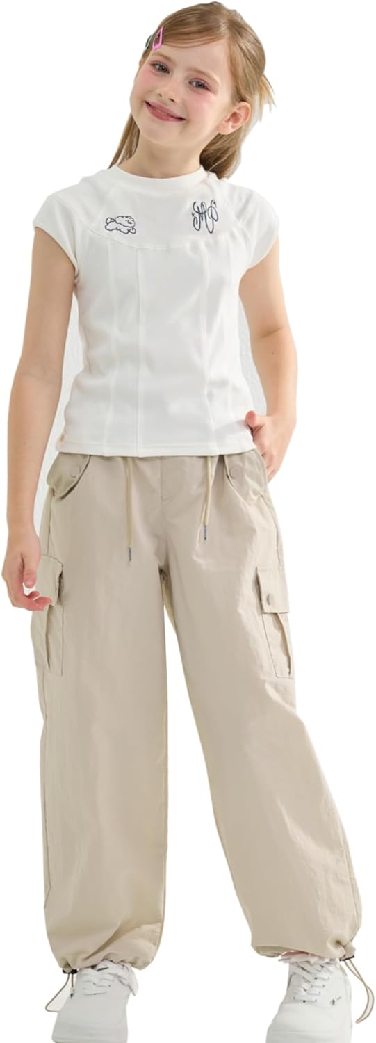 Rolanko Baggy Cargo Fallschirmhose für Mädchen, Y2K Vintage Jogger mit Verstellbarer Elastischer Tai