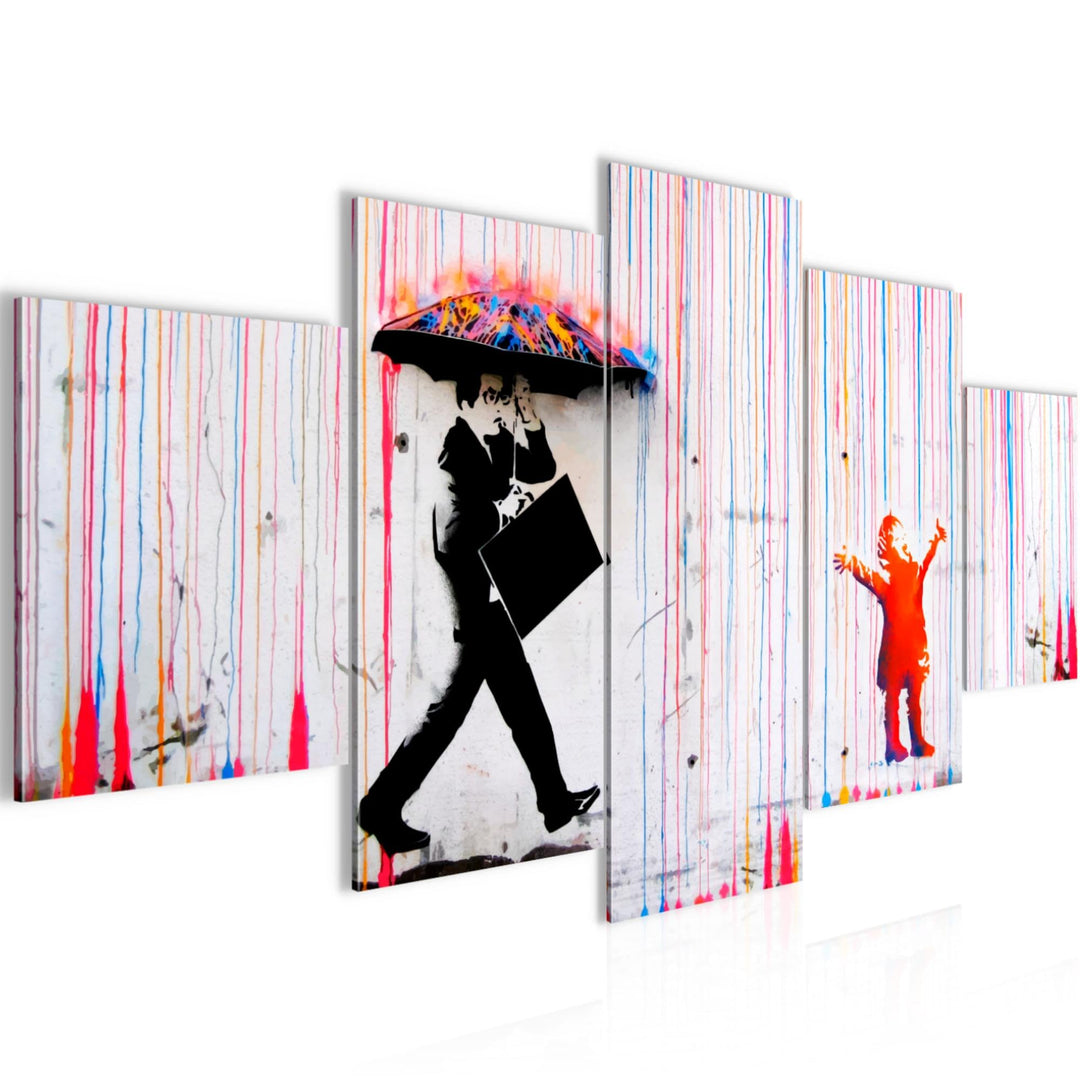 Runa Art Wandbilder Banksy Style Colored Rain 5 Teilig Bild auf Vlies Leinwand Deko Loft Wohnzimmer