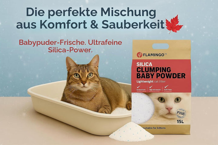 Flamingo Katzenstreu – Talkumduft für Babys – 15L für 18 Wochen – neutralisiert unangenehme Gerüche