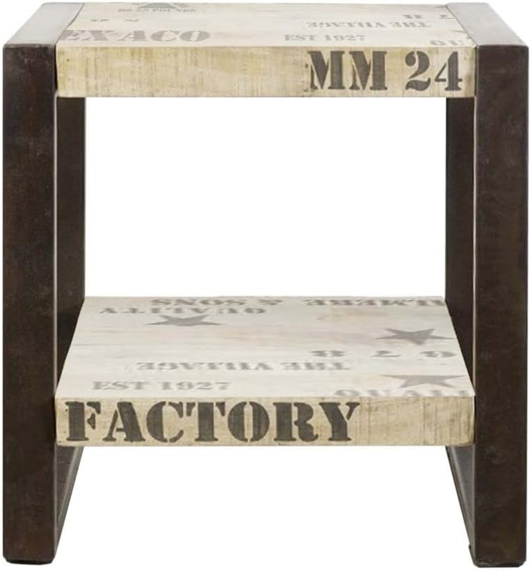 MASSIVMOEBEL24.DE vollmassiv Möbel Mango Holz Eisen Bedruckt Beistelltisch Industrial-Stil Massivhol