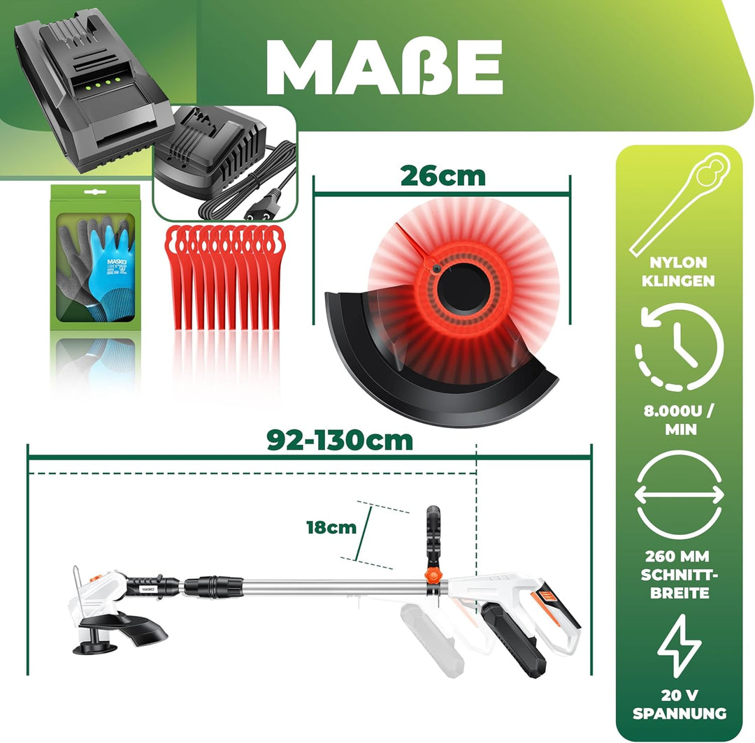MASKO® Akku-Rasentrimmer mit 20 V Li-Ion Akku, 2,0 Ah Akku und Ladegerät, Motorsense 260mm Schnittbr