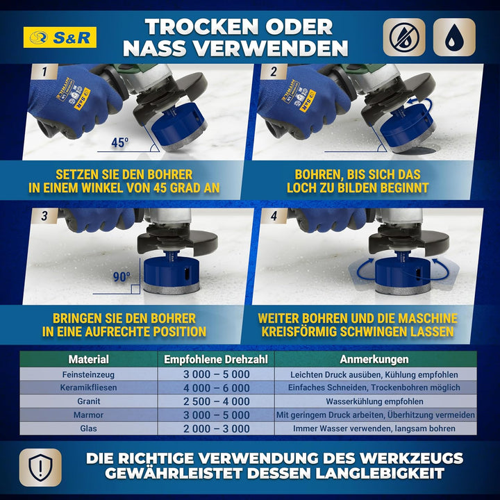 S&R Professional Diamant Fliesenbohrer 100 mm, Lochsäge für Fliesen M14 Gewinde, Diamant Bohrer Flie