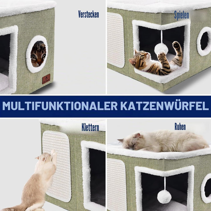 Katzenbetten für Indoor-Katzen, grosses Katzenhöhlenbett mit Kratzunterlage und flauschigem Ball, fa
