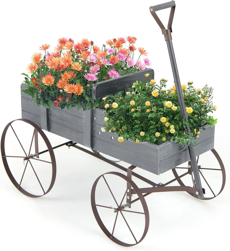 RELAX4LIFE Blumenständer mit 4 Rädern aus Metall, Pflanzwagen aus Massivholz, Holzwagen bis zu 15 kg